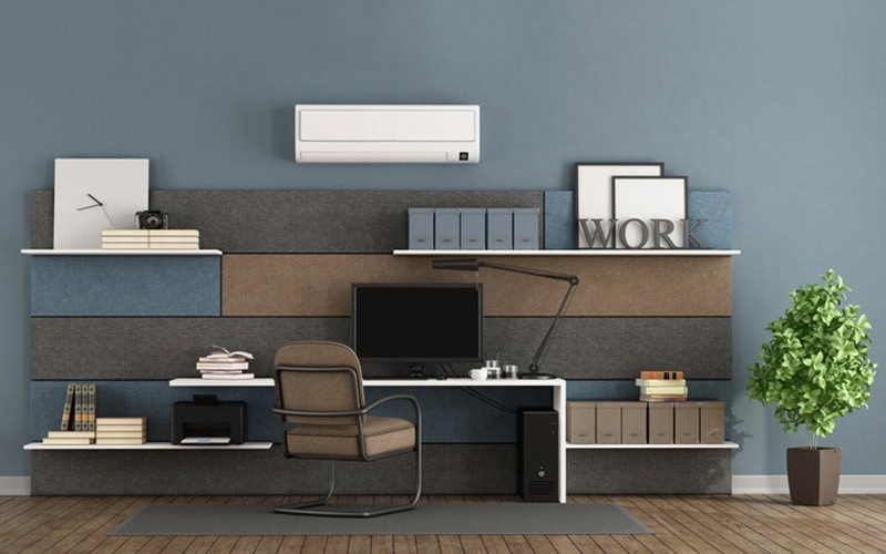 Consider a Ductless AC System. Blue and brown modern office