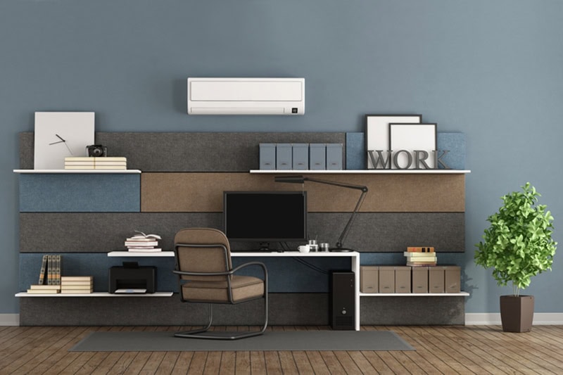 Consider a Ductless AC System. Blue and brown modern office