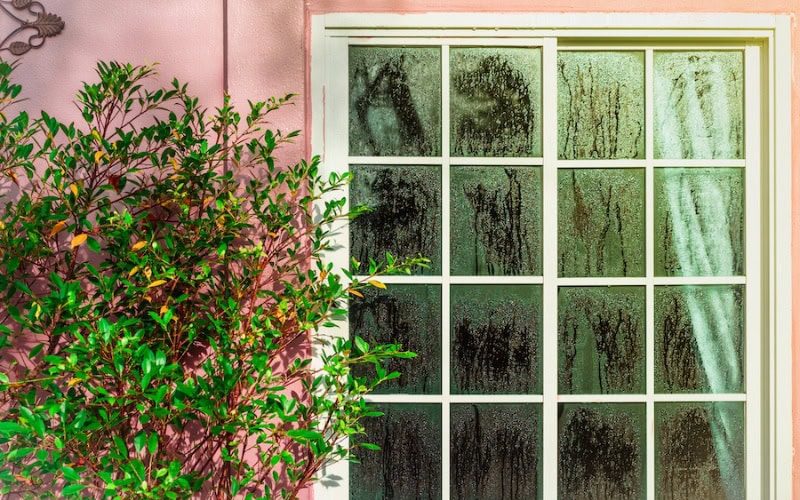 Why Is a Home Dehumidifier Important? Glass door with condensation and a tree