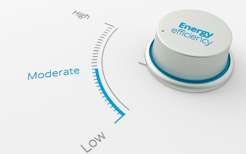 SEER––What Does It Mean? Circle knob with "Energy efficiency" written on it next to a scale of "high, moderate, low.”