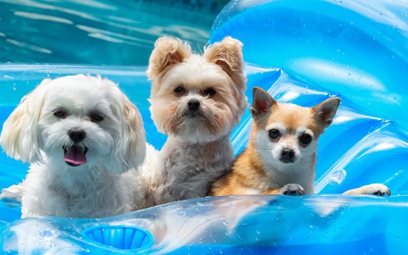 Controlling Humidity in Your Home. Three small dogs on a float in a pool.